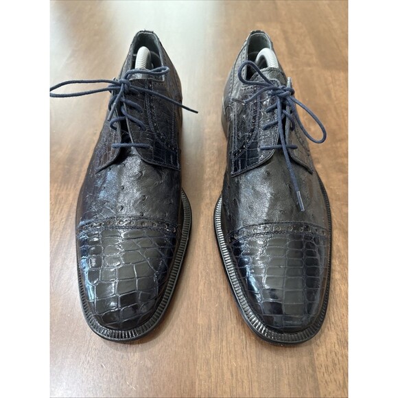 Forli Navy Genuine Alligator Ostrich Exotic Leather Cap Toe Lace Up Shoes Mens 9 main image 8